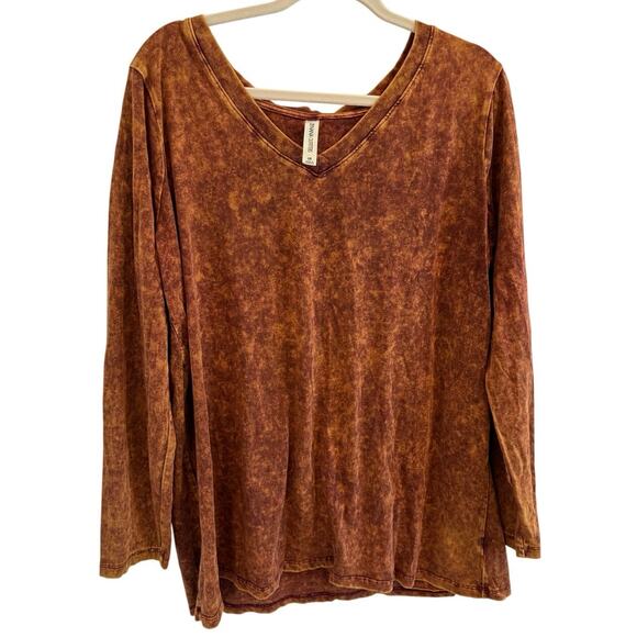 Zenana 3X Brown Rust Mineral Wash V Neck Stretch Cotton Long Sleeve Tunic EUC - Picture 1 of 5